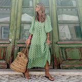 Women Puff Sleeve Long Dress Elegant V-Neck Floral Geometric Print - Syosisny Store