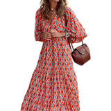 Women Puff Sleeve Long Dress Elegant V-Neck Floral Geometric Print - Syosisny Store