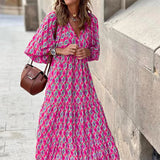 Women Puff Sleeve Long Dress Elegant V-Neck Floral Geometric Print - Syosisny Store