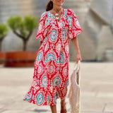 Women Puff Sleeve Long Dress Elegant V-Neck Floral Geometric Print - Syosisny Store