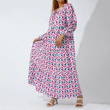 Women Puff Sleeve Long Dress Elegant V-Neck Floral Geometric Print - Syosisny Store