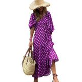 Women Puff Sleeve Long Dress Elegant V-Neck Floral Geometric Print - Syosisny Store