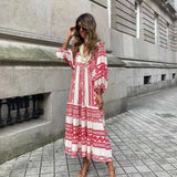 Women Puff Sleeve Long Dress Elegant V-Neck Floral Geometric Print - Syosisny Store