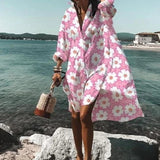 Summer Dresses Turn-down Collar Print Casual Long Sleeve Shirt Dress Oversized Loose Beach Party Vestidos Robe Blouse - Syosisny Store