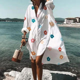 Summer Dresses Turn-down Collar Print Casual Long Sleeve Shirt Dress Oversized Loose Beach Party Vestidos Robe Blouse - Syosisny Store