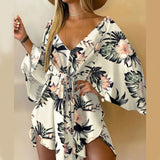 New Summer Women Elegant Dresses Sexy V Neck Lace-up Floral Printed Mini Dress Casual Flared Sleeve Irregular Ladies Party Dress