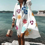 Summer Dresses Turn-down Collar Print Casual Long Sleeve Shirt Dress Oversized Loose Beach Party Vestidos Robe Blouse - Syosisny Store