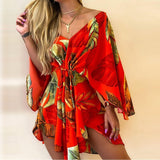 New Summer Women Elegant Dresses Sexy V Neck Lace-up Floral Printed Mini Dress Casual Flared Sleeve Irregular Ladies Party Dress - Syosisny Store