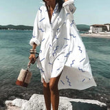 Summer Dresses Turn-down Collar Print Casual Long Sleeve Shirt Dress Oversized Loose Beach Party Vestidos Robe Blouse - Syosisny Store