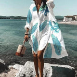 Summer Dresses Turn-down Collar Print Casual Long Sleeve Shirt Dress Oversized Loose Beach Party Vestidos Robe Blouse