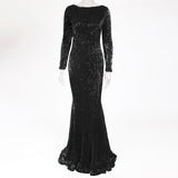 Enenthelabel O Neck Full Sleeved Maxi Dress Stretch Sequined Floor Length Evening Party Dress - Syosisny Store