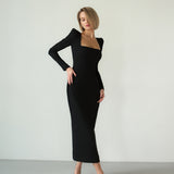 French-Inspired Black Dress with Square Collar, Slim Fit and Hip Design - Perfect for a Fashionable Look