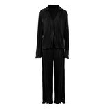 Vintage-Inspired Pleated Long-Sleeve Shirt and Trousers Suit with Flared Trumpet Sleeves - Syosisny Store