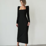 French-Inspired Black Dress with Square Collar, Slim Fit and Hip Design - Perfect for a Fashionable Look - Syosisny Store