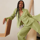 Vintage-Inspired Pleated Long-Sleeve Shirt and Trousers Suit with Flared Trumpet Sleeves - Syosisny Store