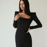 French-Inspired Black Dress with Square Collar, Slim Fit and Hip Design - Perfect for a Fashionable Look - Syosisny Store