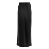 High-waisted Draped Skirt Black Cotton Silk Dress with Slits - Syosisny Store