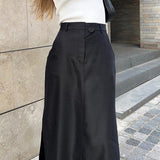 High-waisted Draped Skirt Black Cotton Silk Dress with Slits - Syosisny Store