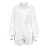 Women's Summer Jacquard Puff Sleeve Shirt and Shorts Casual Suit - Syosisny Store