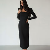 French-Inspired Black Dress with Square Collar, Slim Fit and Hip Design - Perfect for a Fashionable Look - Syosisny Store