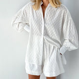 Women's Summer Jacquard Puff Sleeve Shirt and Shorts Casual Suit - Syosisny Store