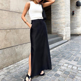 High-waisted Draped Skirt Black Cotton Silk Dress with Slits - Syosisny Store