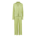 Vintage-Inspired Pleated Long-Sleeve Shirt and Trousers Suit with Flared Trumpet Sleeves - Syosisny Store