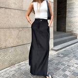 High-waisted Draped Skirt Black Cotton Silk Dress with Slits