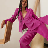 Vintage-Inspired Pleated Long-Sleeve Shirt and Trousers Suit with Flared Trumpet Sleeves - Syosisny Store