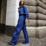 Blue Shirt and Flowy Mopping Trousers Two-Piece Set for A Casual Yet Chic Fashion Statement - Syosisny Store