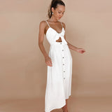 Sexy White Lace Suspender Dress with Pure Cotton A-Line Skirt and Hollow Backless Detail - Syosisny Store