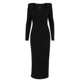 French-Inspired Black Dress with Square Collar, Slim Fit and Hip Design - Perfect for a Fashionable Look - Syosisny Store