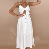 Sexy White Lace Suspender Dress with Pure Cotton A-Line Skirt and Hollow Backless Detail - Syosisny Store