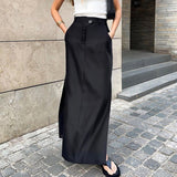 High-waisted Draped Skirt Black Cotton Silk Dress with Slits - Syosisny Store