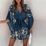 New Summer Women Elegant Dresses Sexy V Neck Lace-up Floral Printed Mini Dress Casual Flared Sleeve Irregular Ladies Party Dress - Syosisny Store