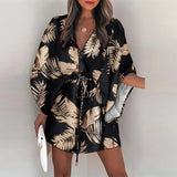 New Summer Women Elegant Dresses Sexy V Neck Lace-up Floral Printed Mini Dress Casual Flared Sleeve Irregular Ladies Party Dress - Syosisny Store